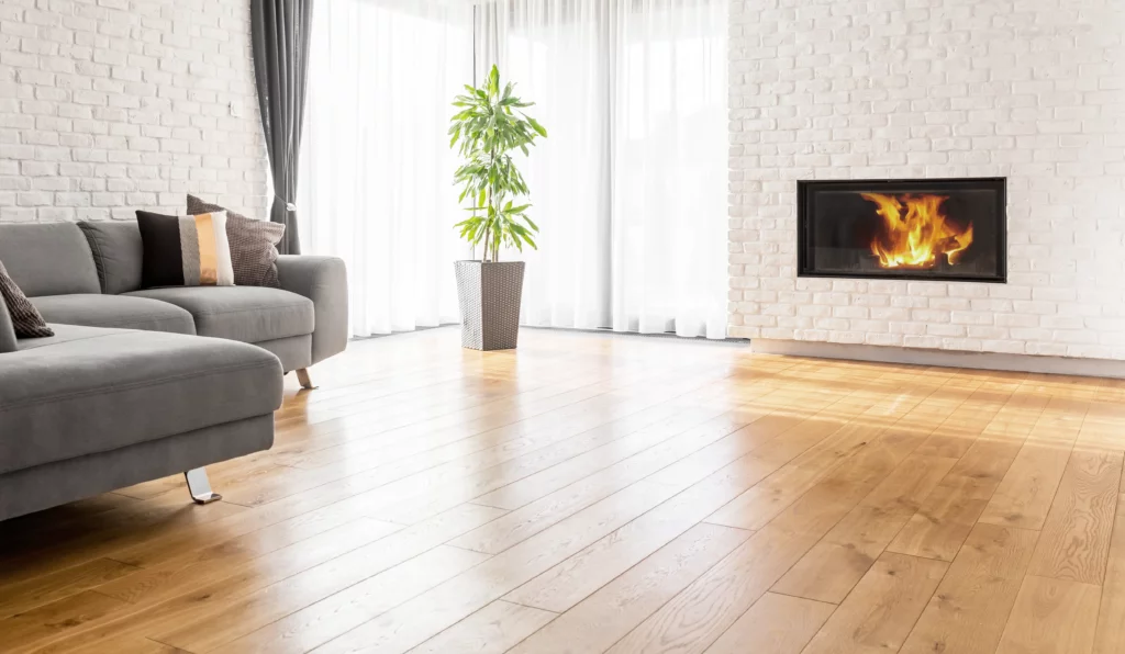 Geräumiges Zimmer mit hellem Laminatboden und minimalistischer Dekoration